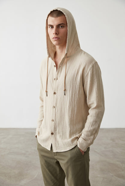 Camisa Casual de Hombre en Algodón y Lino con Capucha – Estilo Primavera/Verano