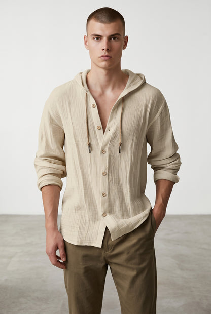 Camisa Casual de Hombre en Algodón y Lino con Capucha – Estilo Primavera/Verano